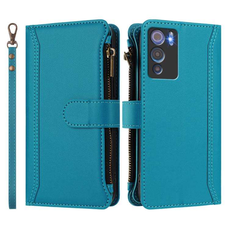 For Doogee N60 Pro Magnetic Closure 9 Card Slots Zipper Leather Case with Hand Strap(Turquoise)