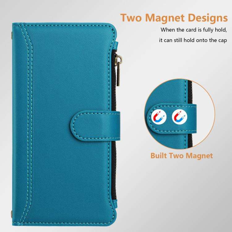 For Doogee N60 Pro Magnetic Closure 9 Card Slots Zipper Leather Case with Hand Strap(Turquoise)