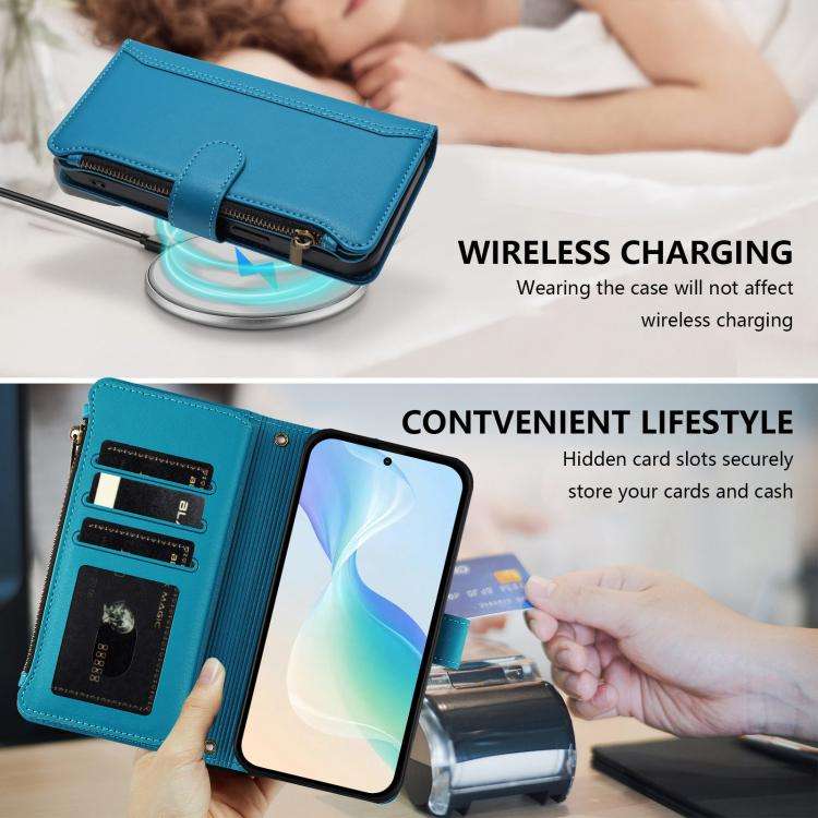 For Doogee N60 Pro Magnetic Closure 9 Card Slots Zipper Leather Case with Hand Strap(Turquoise)