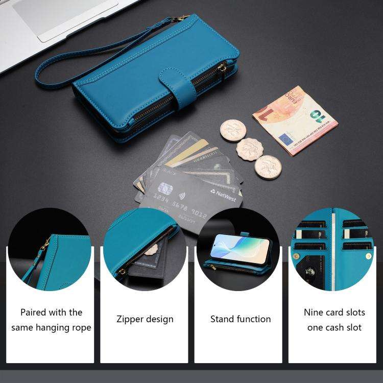For Doogee N60 Pro Magnetic Closure 9 Card Slots Zipper Leather Case with Hand Strap(Turquoise)