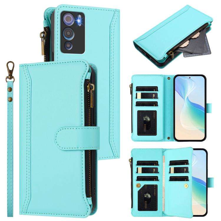 For Doogee N60 Pro Magnetic Closure 9 Card Slots Zipper Leather Case with Hand Strap(Mint Green)