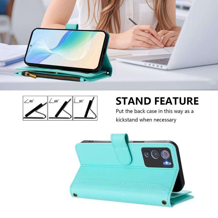 For Doogee N60 Pro Magnetic Closure 9 Card Slots Zipper Leather Case with Hand Strap(Mint Green)