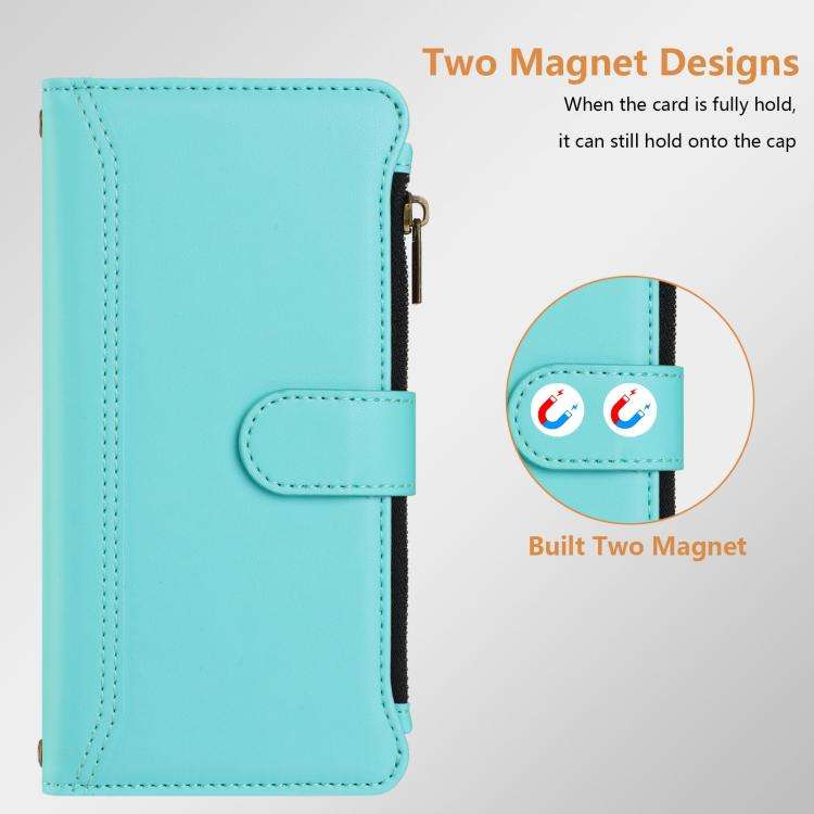 For Doogee N60 Pro Magnetic Closure 9 Card Slots Zipper Leather Case with Hand Strap(Mint Green)