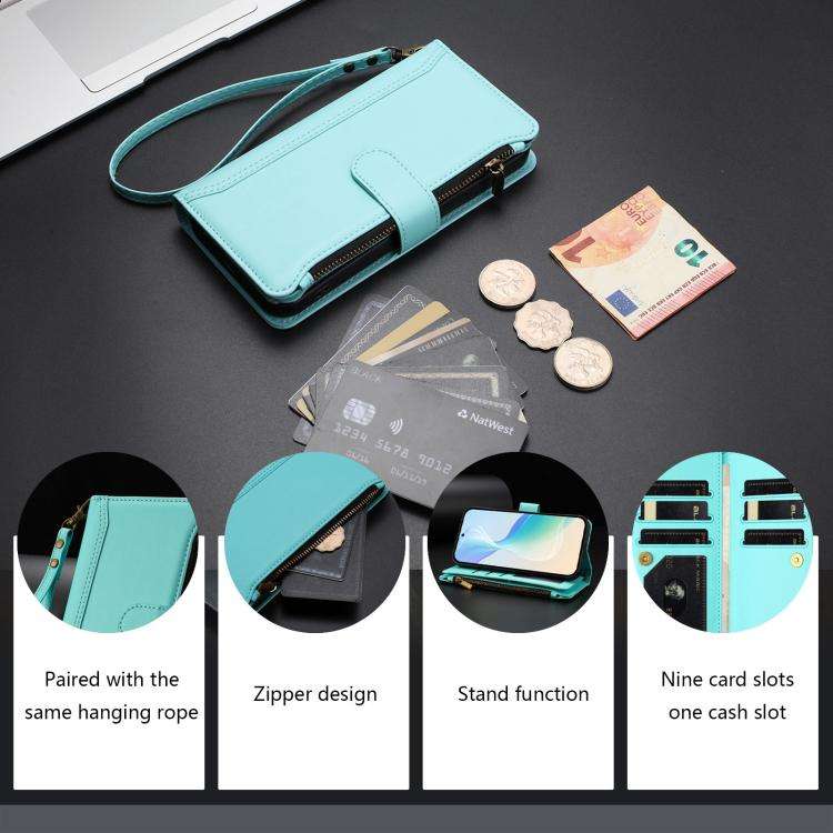 For Doogee N60 Pro Magnetic Closure 9 Card Slots Zipper Leather Case with Hand Strap(Mint Green)