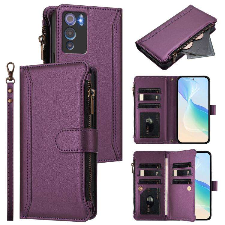 For Doogee N60 Pro Magnetic Closure 9 Card Slots Zipper Leather Case with Hand Strap(Purple)