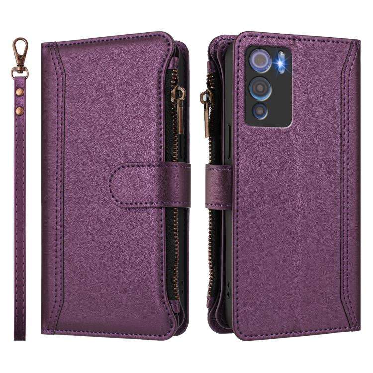 For Doogee N60 Pro Magnetic Closure 9 Card Slots Zipper Leather Case with Hand Strap(Purple)