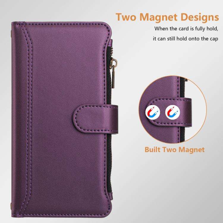 For Doogee N60 Pro Magnetic Closure 9 Card Slots Zipper Leather Case with Hand Strap(Purple)