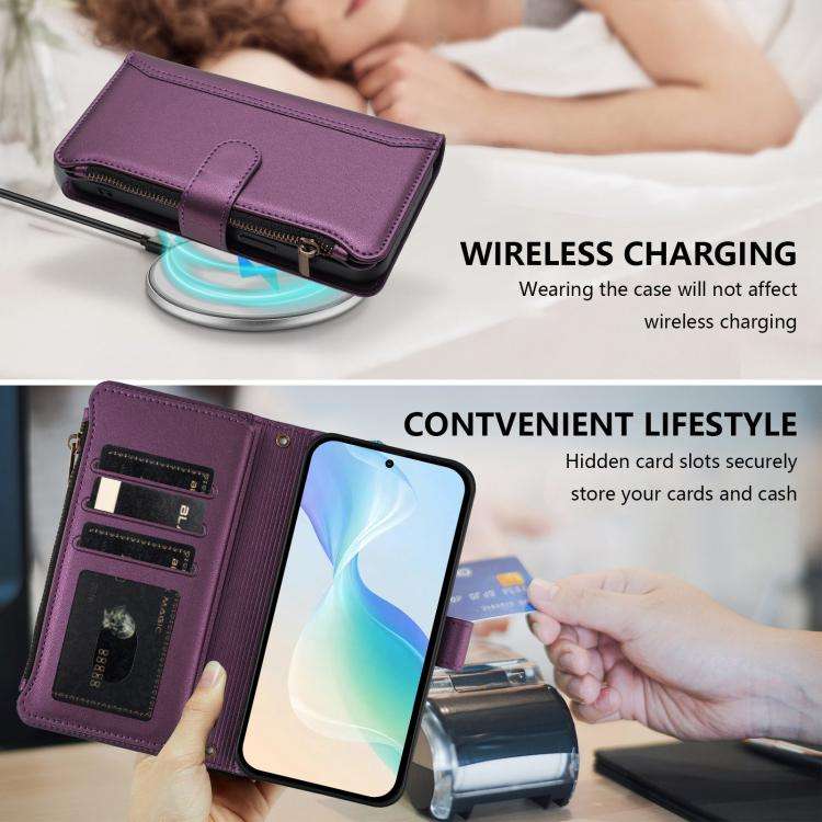 For Doogee N60 Pro Magnetic Closure 9 Card Slots Zipper Leather Case with Hand Strap(Purple)