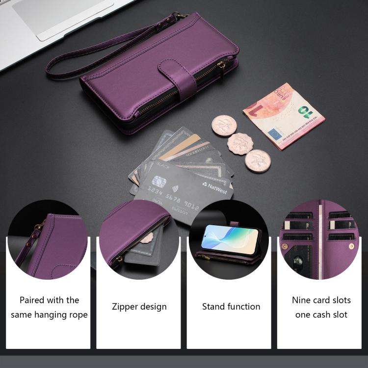 For Doogee N60 Pro Magnetic Closure 9 Card Slots Zipper Leather Case with Hand Strap(Purple)