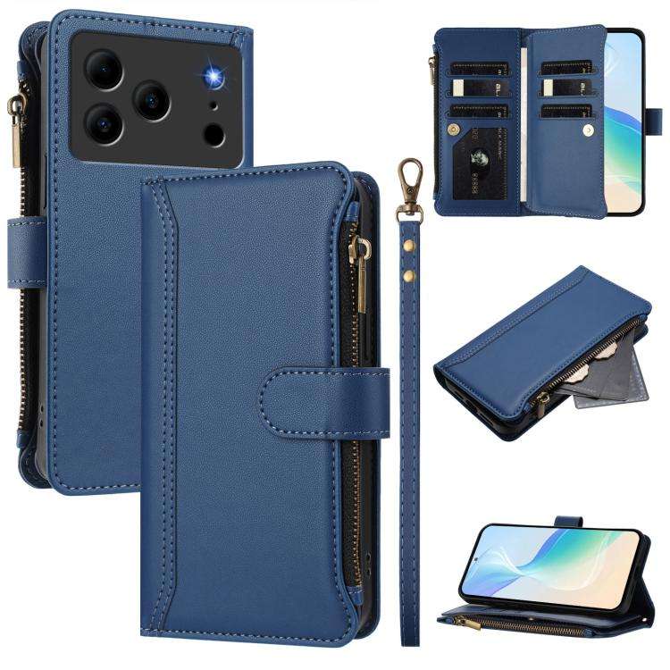For Doogee Note 56 / Note 56 Pro Magnetic Closure 9 Card Slots Zipper Leather Case with Hand Stra...