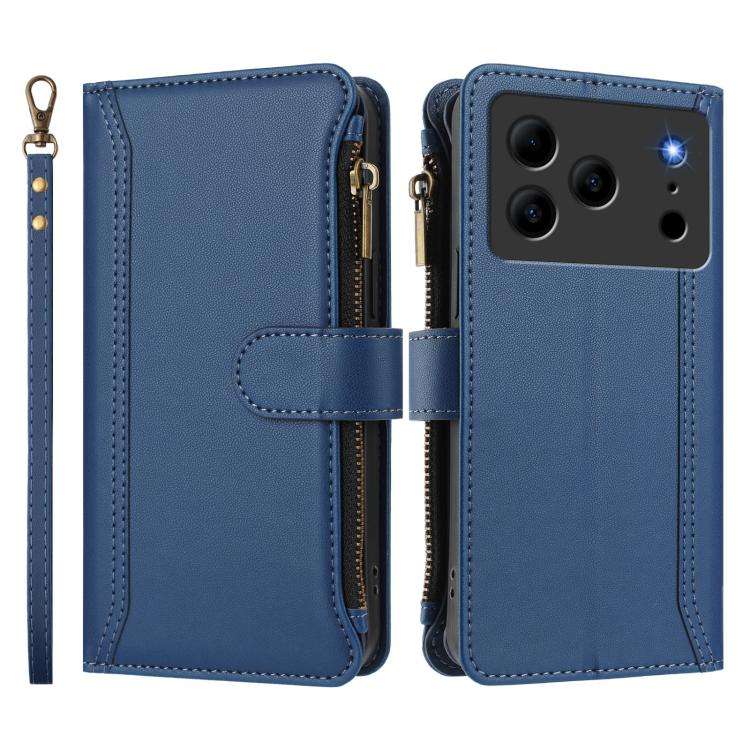 For Doogee Note 56 / Note 56 Pro Magnetic Closure 9 Card Slots Zipper Leather Case with Hand Stra...