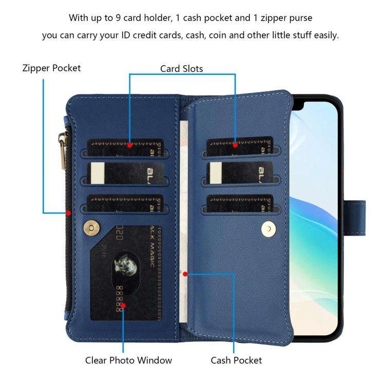 For Doogee Note 56 / Note 56 Pro Magnetic Closure 9 Card Slots Zipper Leather Case with Hand Stra...
