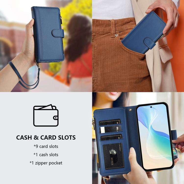 For Doogee Note 56 / Note 56 Pro Magnetic Closure 9 Card Slots Zipper Leather Case with Hand Stra...