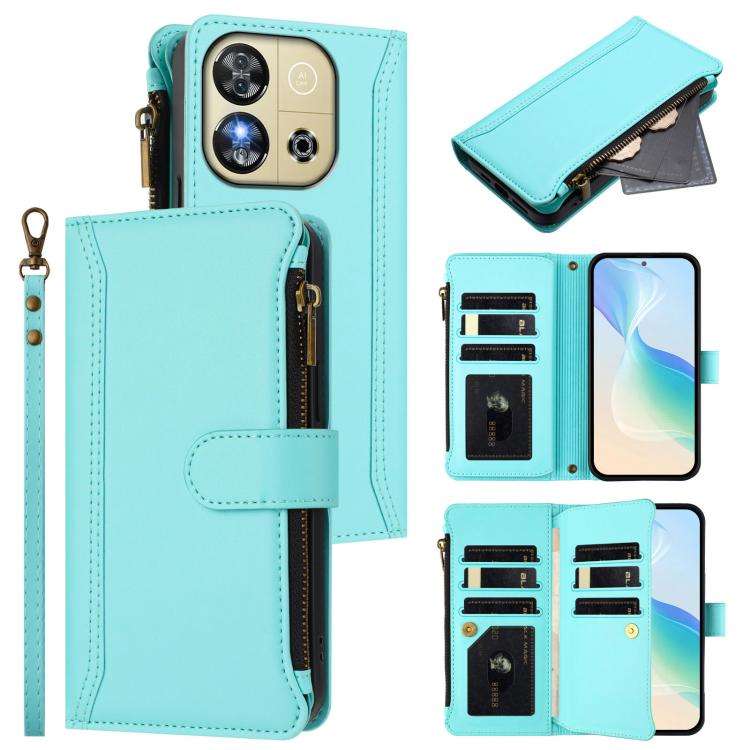 For Oukitel C57s / C57 Pro / C57 Magnetic Closure 9 Card Slots Zipper Leather Case with Hand Stra...