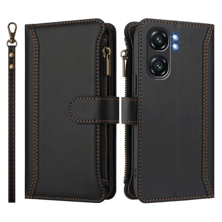 For Oukitel C58 / C58 Pro Magnetic Closure 9 Card Slots Zipper Leather Case with Hand Strap(Black)