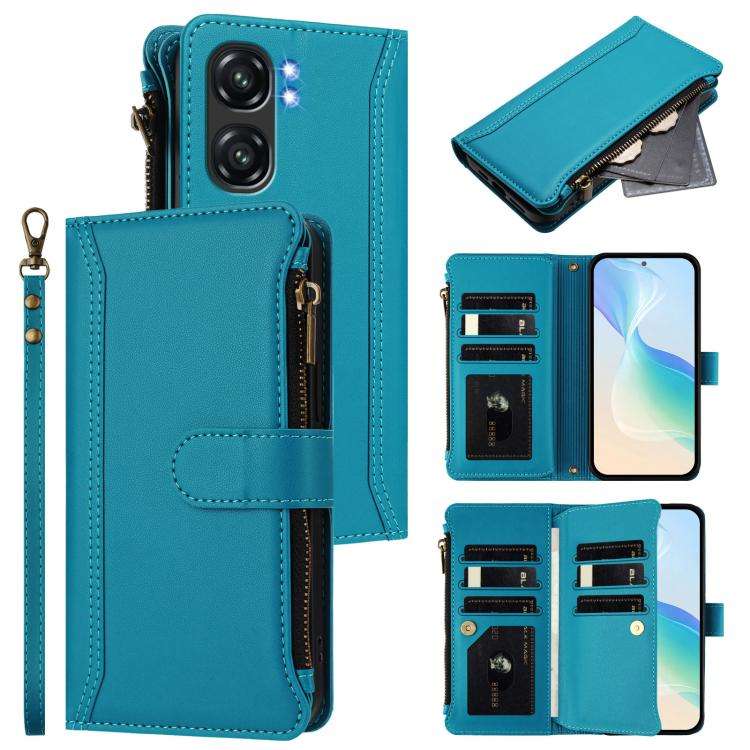 For Oukitel C58 / C58 Pro Magnetic Closure 9 Card Slots Zipper Leather Case with Hand Strap(Turqu...