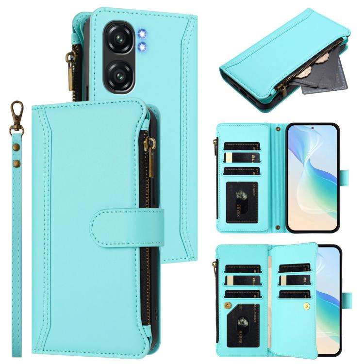 For Oukitel C58 / C58 Pro Magnetic Closure 9 Card Slots Zipper Leather Case with Hand Strap(Mint ...