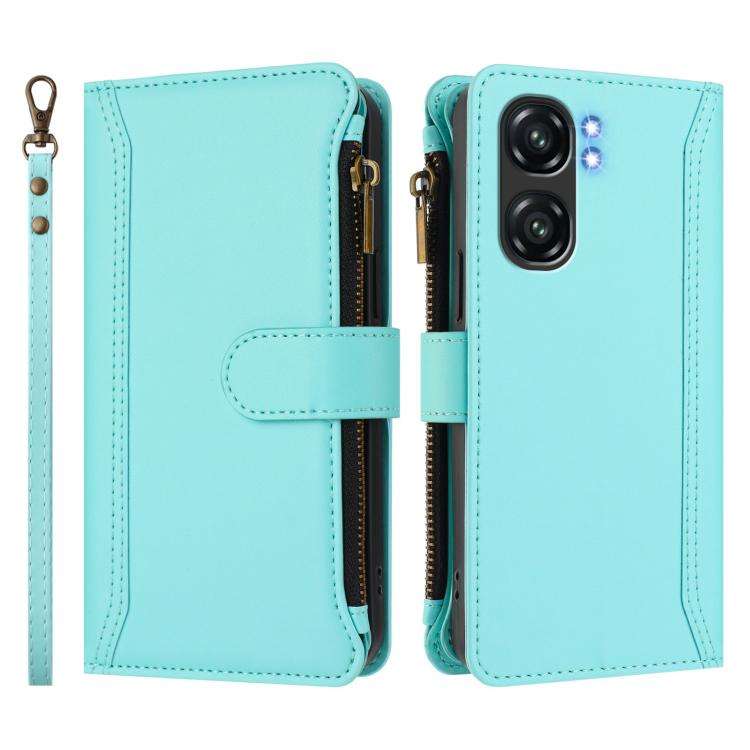For Oukitel C58 / C58 Pro Magnetic Closure 9 Card Slots Zipper Leather Case with Hand Strap(Mint ...