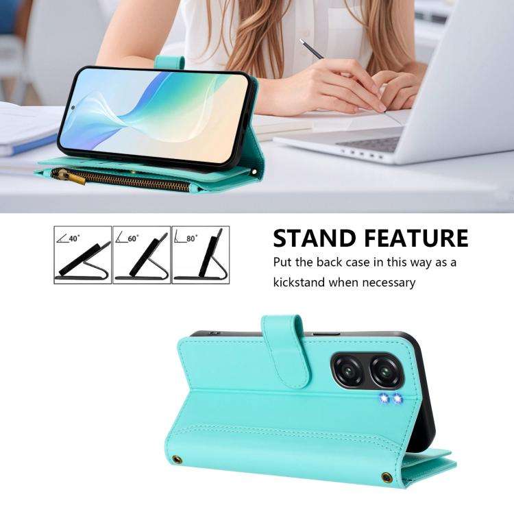 For Oukitel C58 / C58 Pro Magnetic Closure 9 Card Slots Zipper Leather Case with Hand Strap(Mint ...