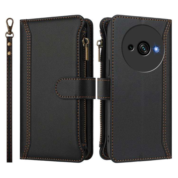 For Oukitel C59 / C59 Pro Magnetic Closure 9 Card Slots Zipper Leather Case with Hand Strap(Black)