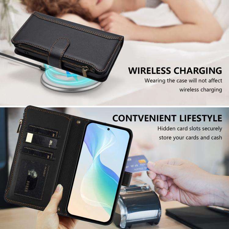 For Oukitel C59 / C59 Pro Magnetic Closure 9 Card Slots Zipper Leather Case with Hand Strap(Black)