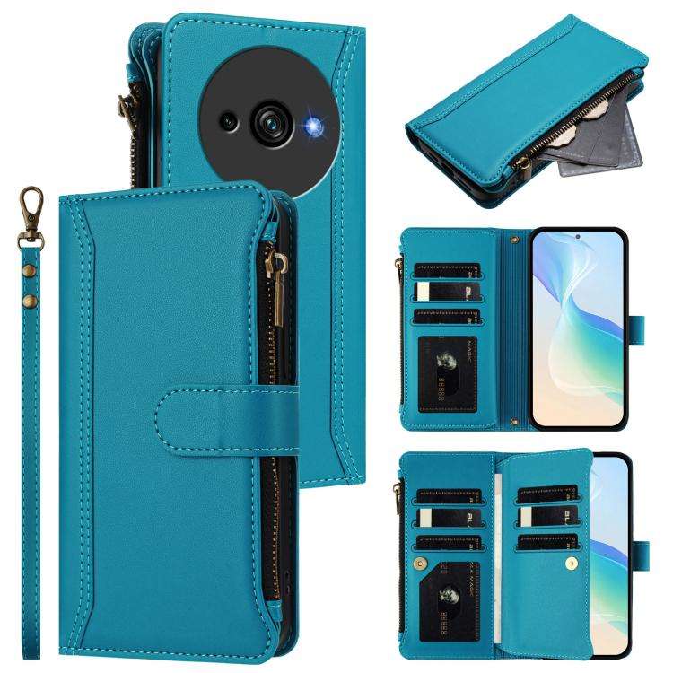For Oukitel C59 / C59 Pro Magnetic Closure 9 Card Slots Zipper Leather Case with Hand Strap(Turqu...