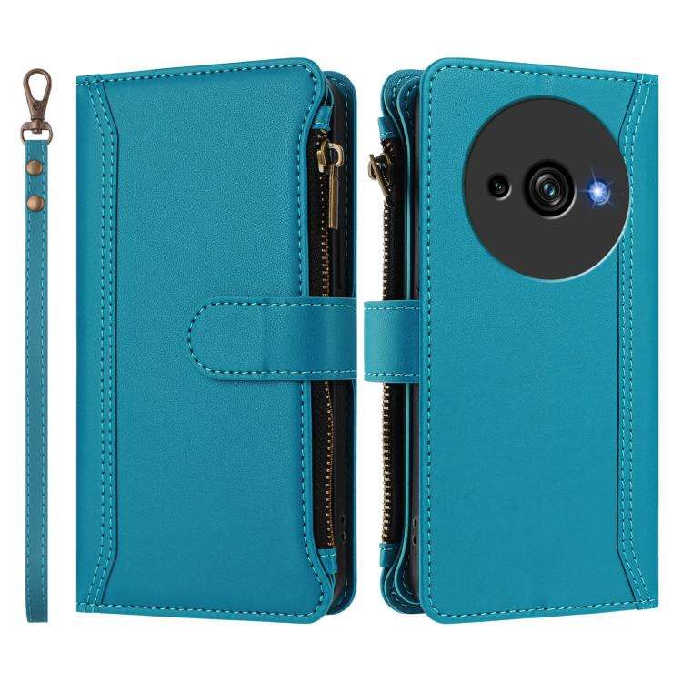 For Oukitel C59 / C59 Pro Magnetic Closure 9 Card Slots Zipper Leather Case with Hand Strap(Turqu...