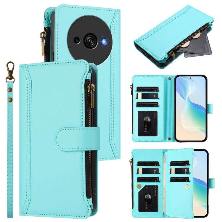 For Oukitel C59 / C59 Pro Magnetic Closure 9 Card Slots Zipper Leather Case with Hand Strap(Mint ...