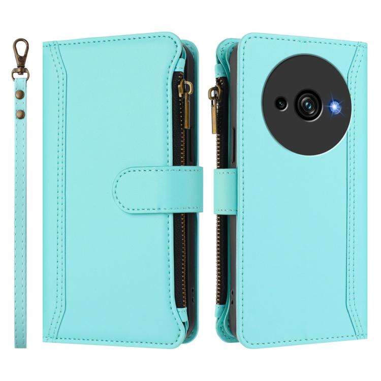For Oukitel C59 / C59 Pro Magnetic Closure 9 Card Slots Zipper Leather Case with Hand Strap(Mint ...