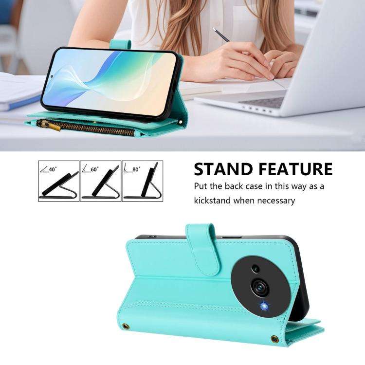 For Oukitel C59 / C59 Pro Magnetic Closure 9 Card Slots Zipper Leather Case with Hand Strap(Mint ...