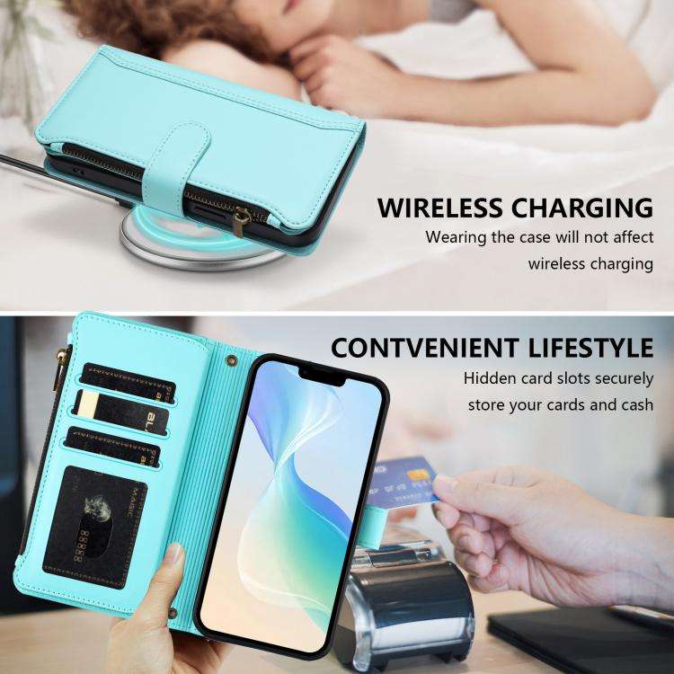 For Oukitel C59 / C59 Pro Magnetic Closure 9 Card Slots Zipper Leather Case with Hand Strap(Mint ...