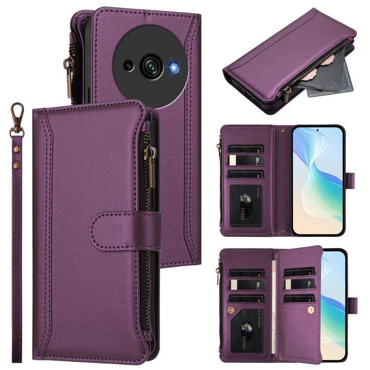 For Oukitel C59 / C59 Pro Magnetic Closure 9 Card Slots Zipper Leather Case with Hand Strap(Purple)
