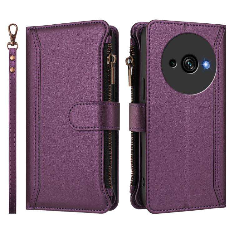 For Oukitel C59 / C59 Pro Magnetic Closure 9 Card Slots Zipper Leather Case with Hand Strap(Purple)