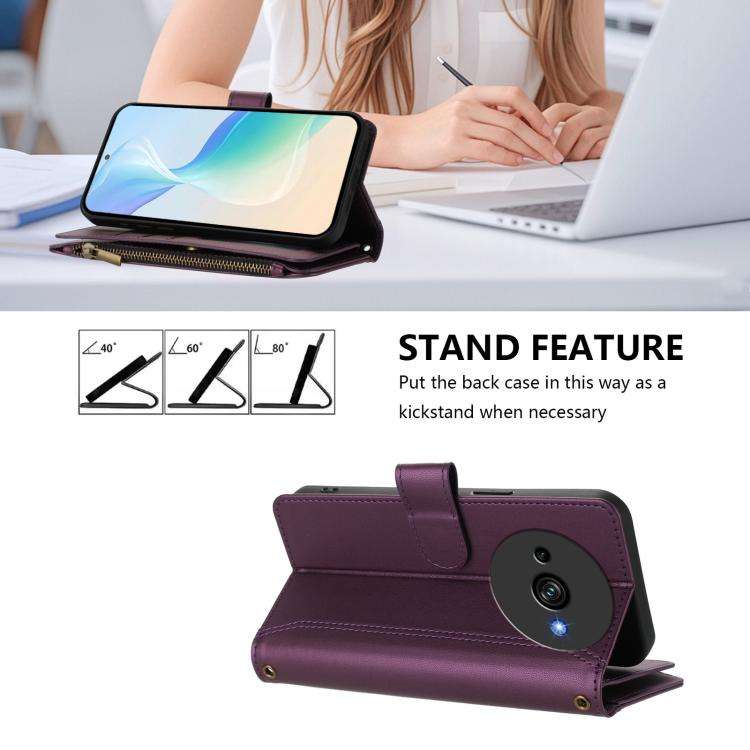 For Oukitel C59 / C59 Pro Magnetic Closure 9 Card Slots Zipper Leather Case with Hand Strap(Purple)