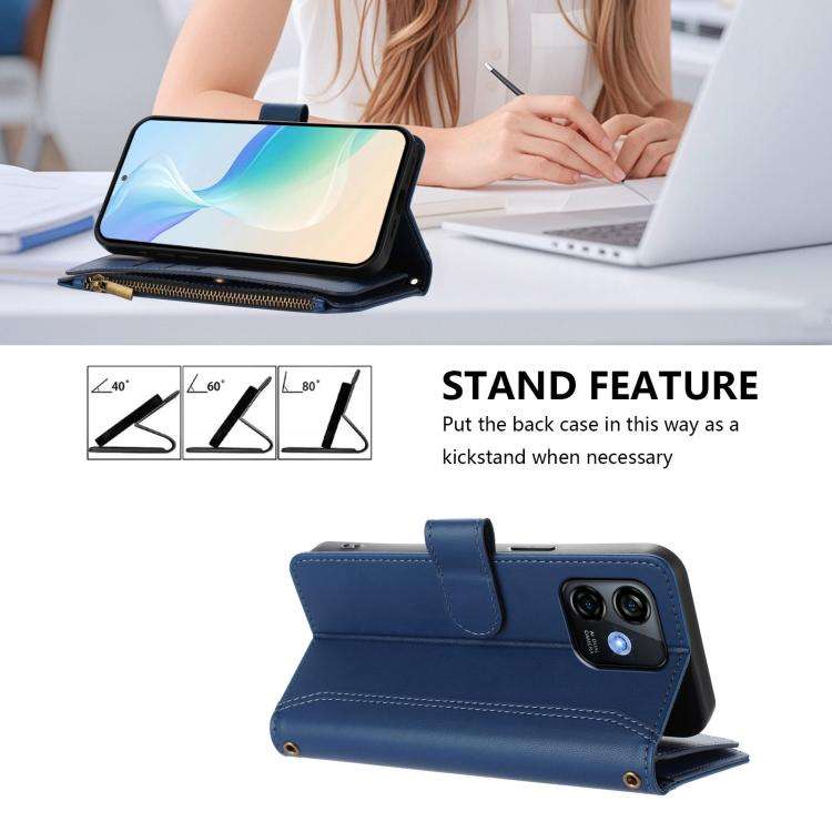 For Ulefone Note 16 Pro Magnetic Closure 9 Card Slots Zipper Leather Case with Hand Strap(Dark Blue)