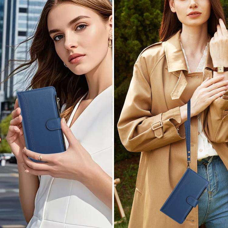 For Ulefone Note 16 Pro Magnetic Closure 9 Card Slots Zipper Leather Case with Hand Strap(Dark Blue)