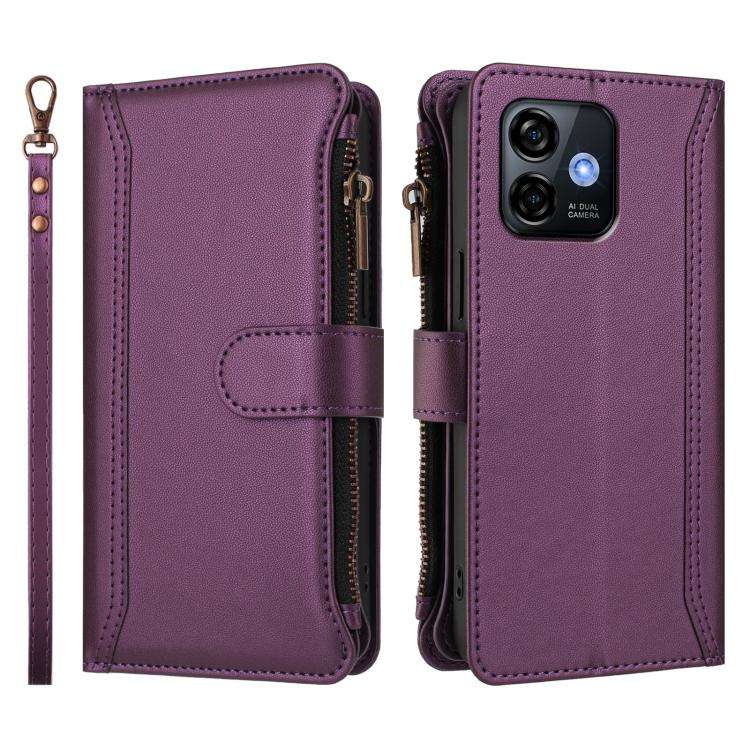 For Ulefone Note 16 Pro Magnetic Closure 9 Card Slots Zipper Leather Case with Hand Strap(Purple)