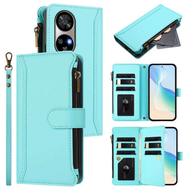 For Ulefone Note 17 Pro Magnetic Closure 9 Card Slots Zipper Leather Case with Hand Strap(Mint Gr...