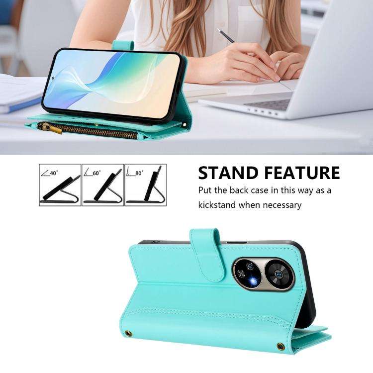 For Ulefone Note 17 Pro Magnetic Closure 9 Card Slots Zipper Leather Case with Hand Strap(Mint Gr...