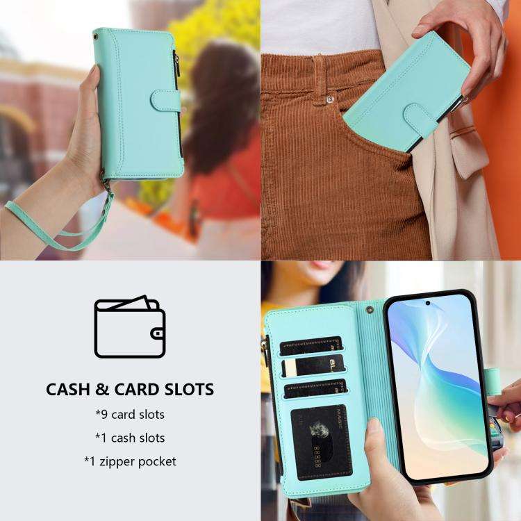 For Ulefone Note 17 Pro Magnetic Closure 9 Card Slots Zipper Leather Case with Hand Strap(Mint Gr...