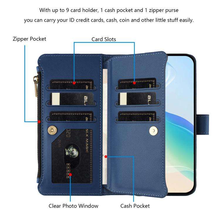 For Ulefone Note 20 Pro Magnetic Closure 9 Card Slots Zipper Leather Case with Hand Strap(Dark Blue)