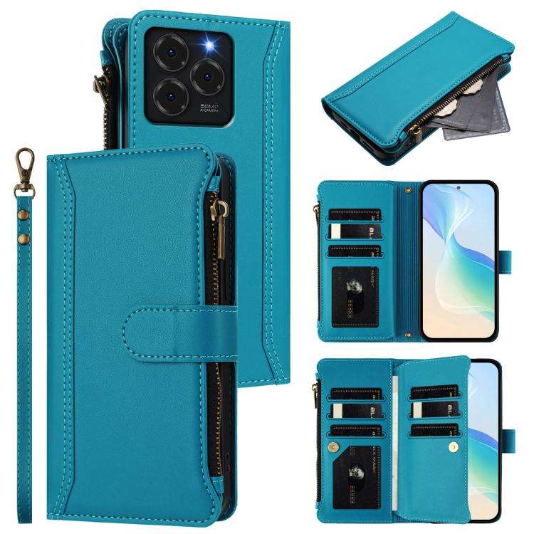 For Ulefone Note 20 Pro Magnetic Closure 9 Card Slots Zipper Leather Case with Hand Strap(Turquoise)