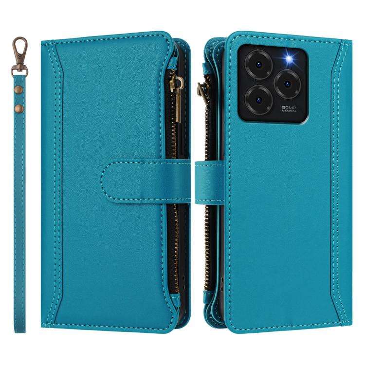 For Ulefone Note 20 Pro Magnetic Closure 9 Card Slots Zipper Leather Case with Hand Strap(Turquoise)