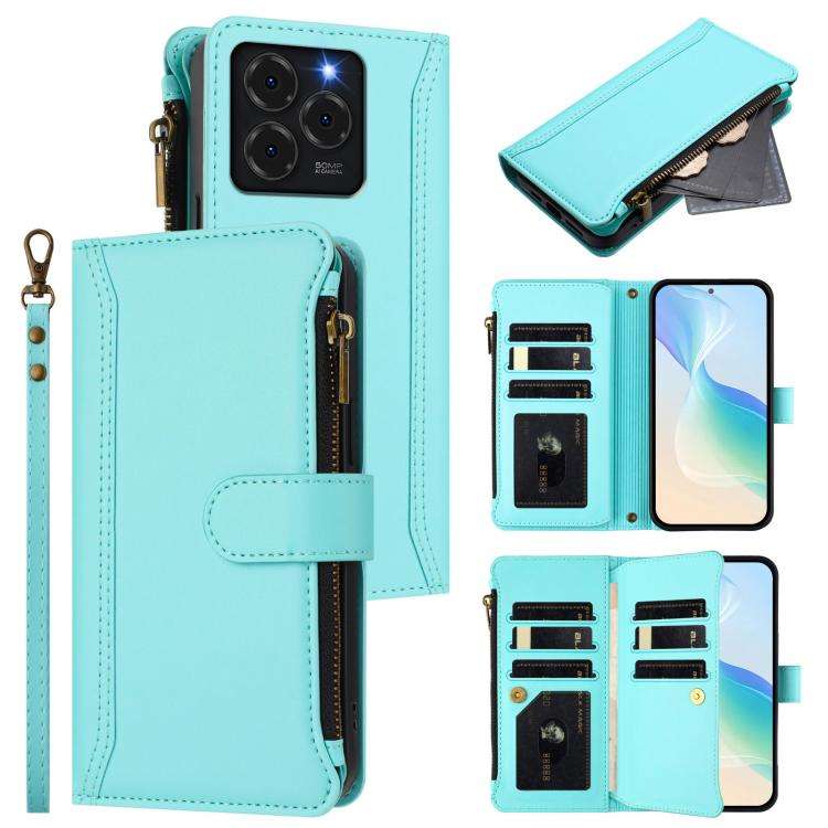 For Ulefone Note 20 Pro Magnetic Closure 9 Card Slots Zipper Leather Case with Hand Strap(Mint Gr...