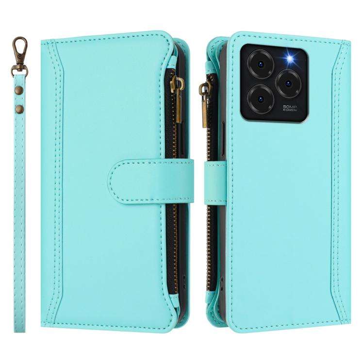 For Ulefone Note 20 Pro Magnetic Closure 9 Card Slots Zipper Leather Case with Hand Strap(Mint Gr...