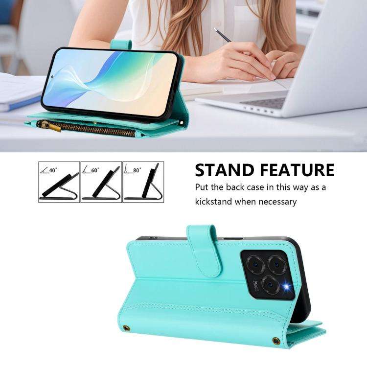 For Ulefone Note 20 Pro Magnetic Closure 9 Card Slots Zipper Leather Case with Hand Strap(Mint Gr...