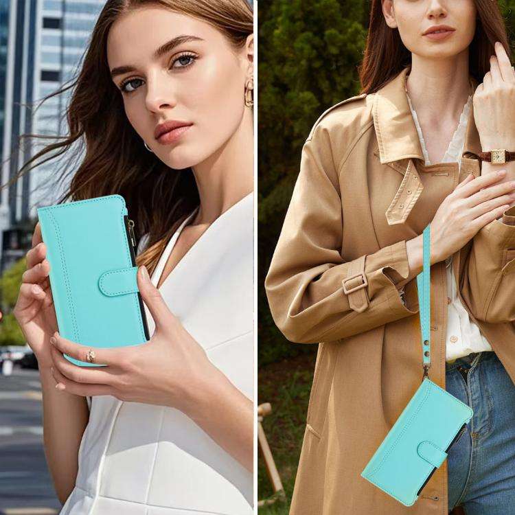 For Ulefone Note 20 Pro Magnetic Closure 9 Card Slots Zipper Leather Case with Hand Strap(Mint Gr...
