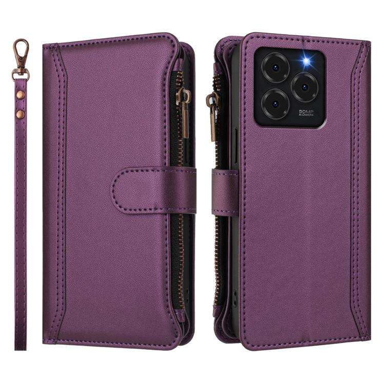 For Ulefone Note 20 Pro Magnetic Closure 9 Card Slots Zipper Leather Case with Hand Strap(Purple)