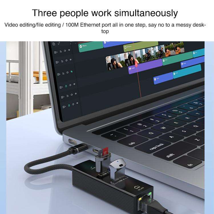 USB / 8 Pin to Type-C RJ45 USB-A HUB Expand Converter(Black)