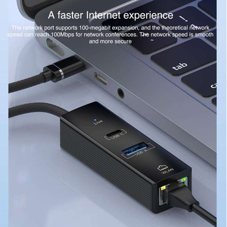 USB / 8 Pin to Type-C RJ45 USB-A HUB Expand Converter(Black)